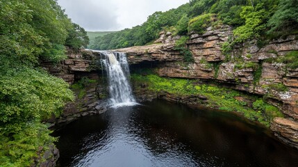 Obraz premium Waterfall cascading into pool, lush green valley, overcast sky, nature scene for travel brochure