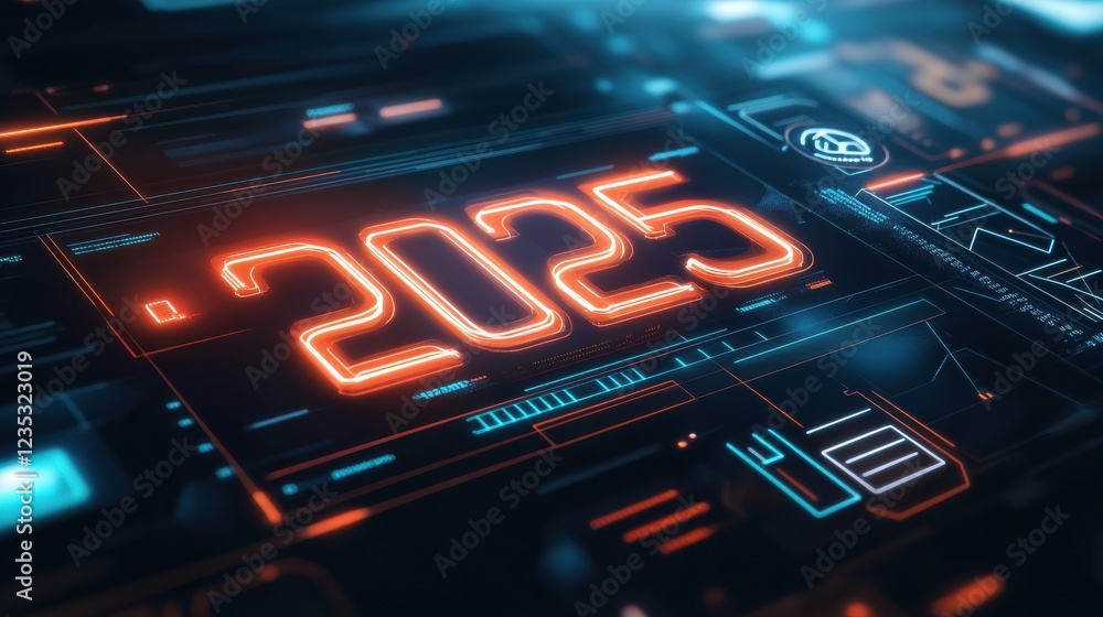 Poster Futuristic digital calendar design indicating the year 2025 with glowing elements and sleek visuals. Generative AI