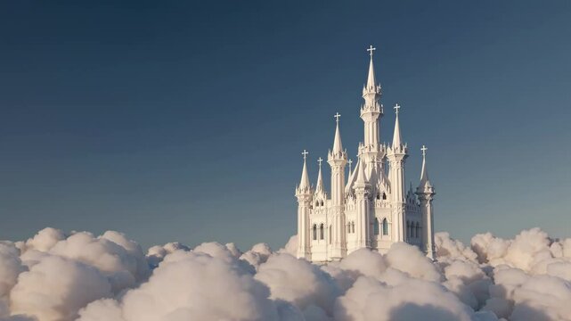 Medieval cathedral pierces through cloud kingdom. Sacred spires and crosses adorn white gothic fortress emerging from ethereal mist. Static wide shot.