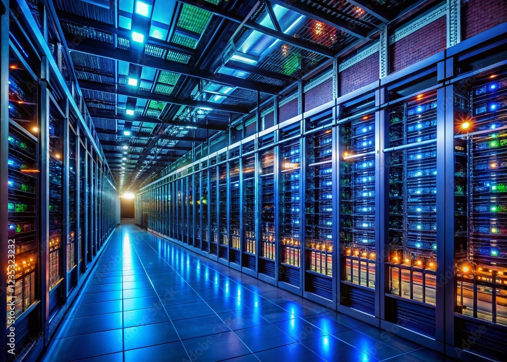 Aufkleber modern data center: rows of black server racks and network infrastructure