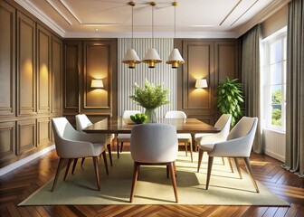 Fototapeta premium Modern Dining Room Interior: White Chairs & Panelled Walls - 3D Render