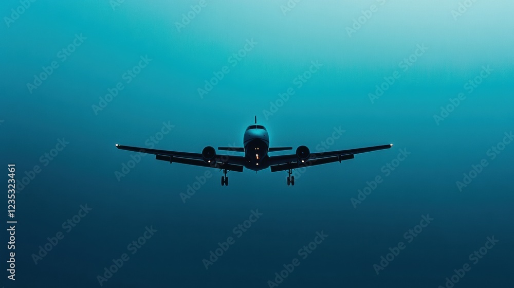Poster silhouette of a sleek airplane flying through a dimly lit sky at dusk, showcasing clean lines and an