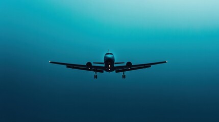 Fototapeta premium Silhouette of a sleek airplane flying through a dimly lit sky at dusk, showcasing clean lines and an elegant design. Generative AI
