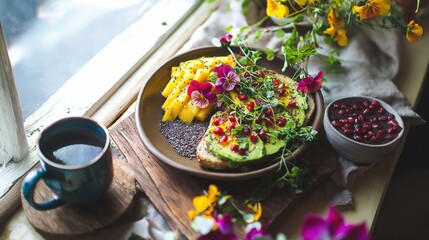 Generative AI, Vibrant Vegan Brunch with Colorful Avocado Toast & Superfoods