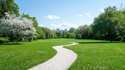 Spring park path, city skyline, green grass, sunny day, nature background