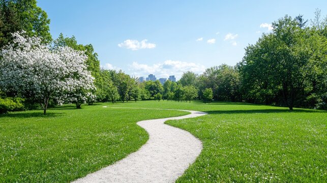 Spring park path, city skyline, green grass, sunny day, nature background