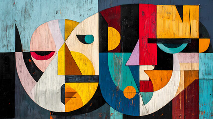 Abstract cubist artwork on wall featuring geometric forms and bold colors. Cubist Abstraction. Illustration