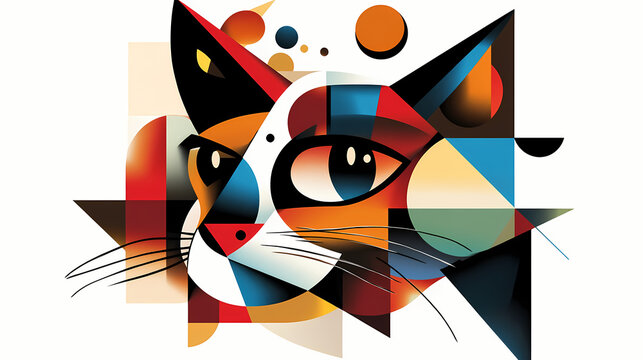 Abstract cubist cat with a whimsical face, sharp geometric shapes on white, whimsical cubist cat, artistic animal abstraction. Cubist Abstraction. Illustration