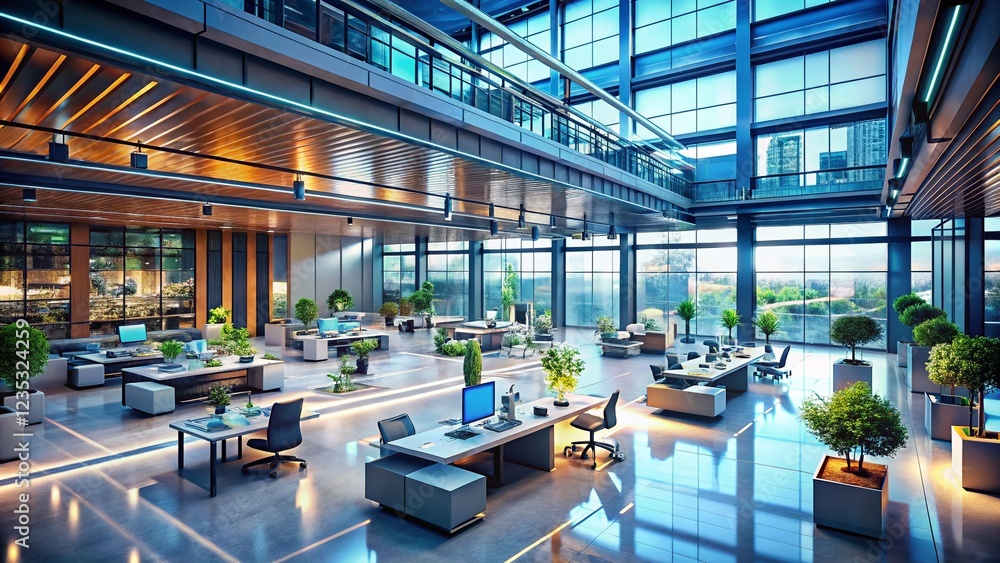 Poster modern open plan office space: drone view of 3d rendered business hall with tech integration