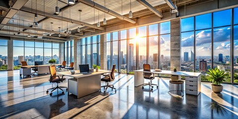 Fototapeta premium Modern Office Space with Large Windows and Natural Light - Urban Exploration Photography