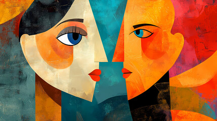 An abstract portrait of a man and a woman in a cubist style, radiating warmth and harmony. Cubist Abstraction. Illustration