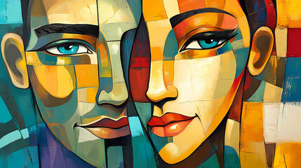 An abstract portrait of a man and a woman in a cubist style, radiating warmth and harmony. Cubist Abstraction. Illustration