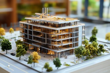 A detailed architectural model of a modern building surrounded by trees and vehicles.