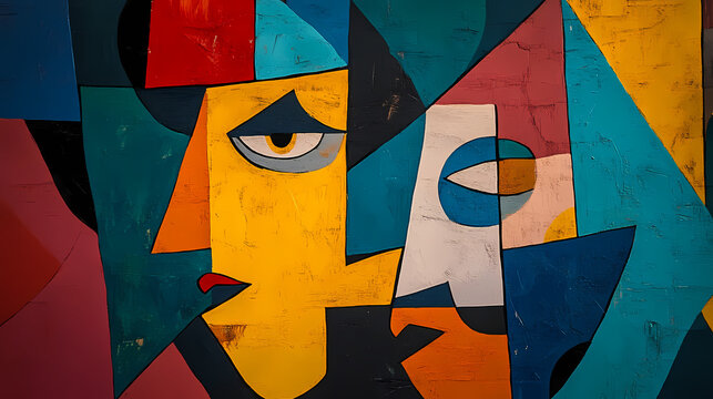 Close-up shot of a cubist animation portraying a pivotal moment in history, fragmented forms, bold contrasts, intense expression. Cubist Abstraction. Illustration