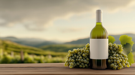Fototapeta premium Elegant wine bottle with blank label and green grapes, vineyard background, premium winery product, luxury beverage branding, sophisticated lifestyle, nature-inspired concept, rustic charm.