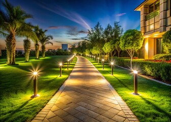 Fototapeta premium Night Park Path: Illuminated Beige Tiles, Green Lawn Landscape