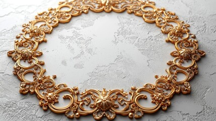 Ornate golden decorative frame resting on textured gray surface, showcasing intricate design
