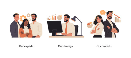 Collection of scenes highlighting teamwork, strategy, and project management. A group of experts collaborates in a professional environment, analyzing data, discussing strategy.