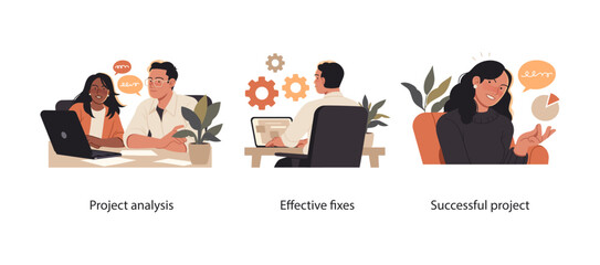 Illustrations of professionals analyzing projects, implementing effective solutions, and celebrating a successful outcome. The visuals represent teamwork, strategic problem-solving.