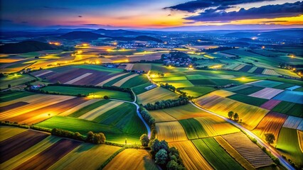 Nighttime Aerial View of Fields and Landscapes