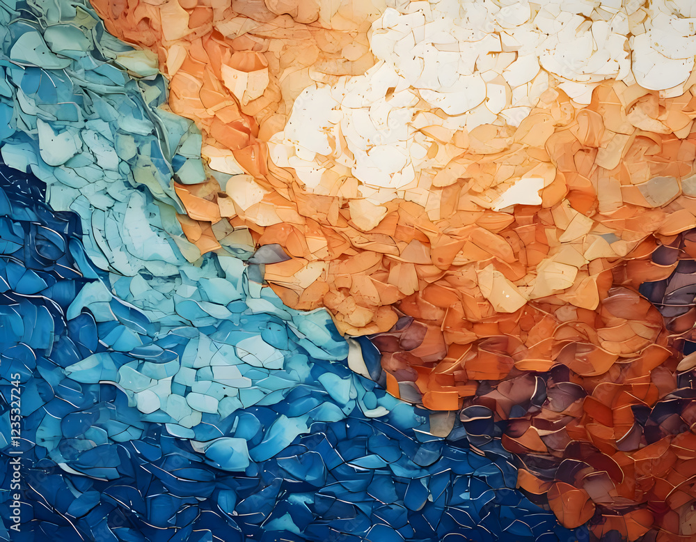 Poster textured abstract with overlapping shapes in blue, orange, and white, creating a dynamic, mosaic-lik