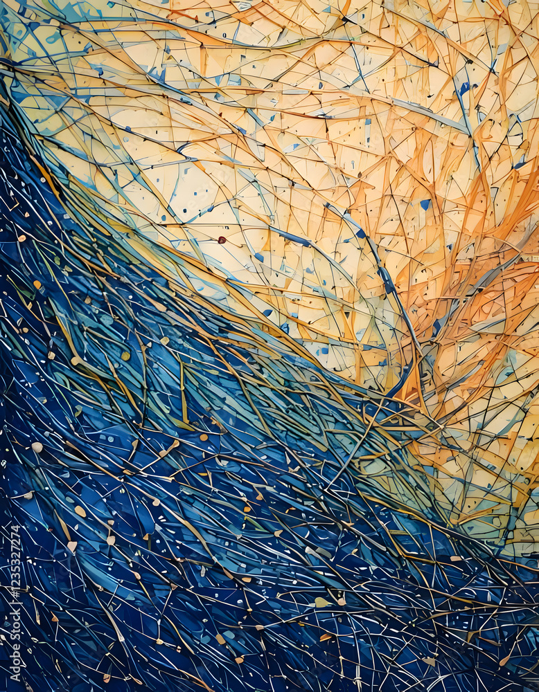 Poster interwoven lines create a dynamic abstract pattern, with a contrast of warm and cool tones. a sense 