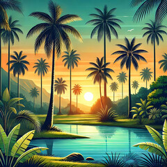 Palm trees against a stunning purple sunset background. Silhouettes of tall palm trees against the backdrop of hills and mountains in the rays of a beautiful summer sunset. Natural landscape.
