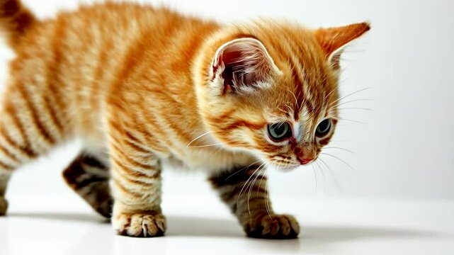 Playful orange tabby kitten exploring a bright, minimalistic space on a sunny day