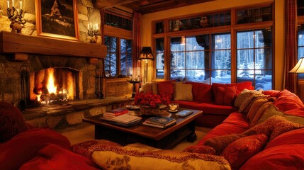 Fototapeta premium A cozy yet ultra-luxurious ski lodge with warm lighting and elegant decor.