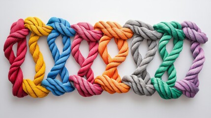 Connected Diversity Represented Through Colorful Intertwined Ropes. Vibrant, multicoloured ropes intertwined, symbolizing connected diversity and unity in complexity.