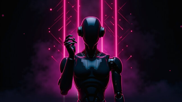 Futuristic AI robot posing in front of digital neon streams against a foggy background, representing the future of AI and technology
