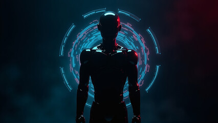 Dimly lit sleek solid black futuristic AI robot with swirling digital neon glowing data streams in the backdrop