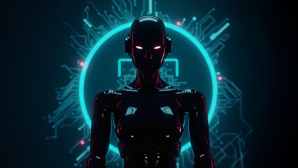 Fototapeta premium Sleek futuristic robot stands against dark backdrop with glowing neon digital data