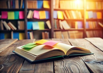 Open Book & Colorful Sticky Notes on Library Table - Education & Study Concept Stock Photo