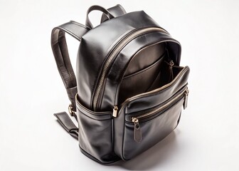 Opened Black Leather Backpack on White Background - Stock Photo