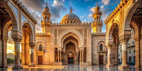 Obraz premium Ornate Entrance, Al Qaed Ibrahim Mosque, Alexandria, Egypt: Stunning Architectural Detail of Historic Islamic Landmark