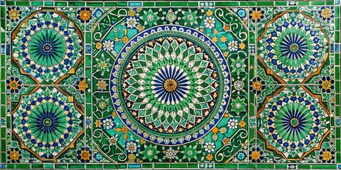 Ornate Green Moroccan Ceramic Tiles with Intricate Patterns