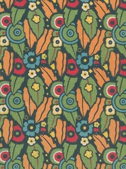 Vintage 1920s Deco Graphic Floral Print Fabric– Bold Green, Orange, Blue & Red on Black
