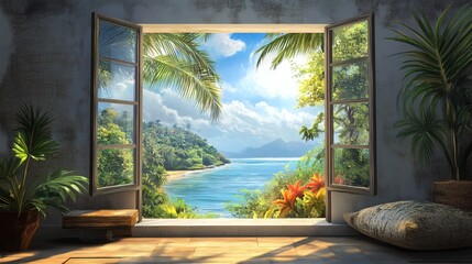 Tropical Paradise View from Open Window