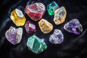 Vibrant collection of colorful crystals arranged on a dark surface showcasing natural beauty and unique formations
