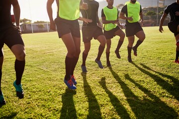 Sports, men and legs with warm up for rugby, competition game and practice with training for...