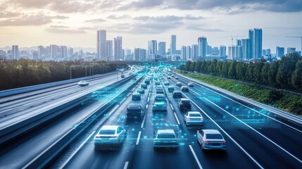 Fototapeta premium A futuristic smart city with autonomous vehicles and AI-driven traffic control.
