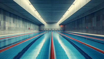 swimming pool with an indoor swimming facility, featuring long lines of blue and white tiles on the floor. 