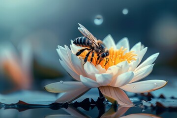 A vibrant bee sits on a stunning water lily, revealing nature's intricate beauty and symbiotic relationships between plants and pollinators in a serene environment.
