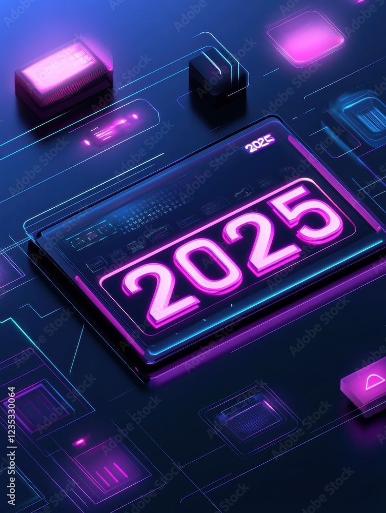 Aufkleber futuristic digital calendar displaying year 2025 with vibrant neon colors and sleek design elements 