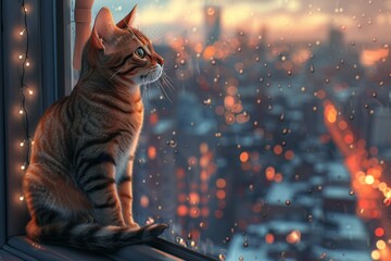 A contemplative cat gazes out a rain-kissed window, overlooking a cityscape adorned with glowing lights, capturing a moment of peace amid urban life's hustle and bustle.