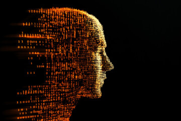 Digital human head silhouette composed of binary code, artificial intelligence concept, futuristic technology background, machine learning, cyber security, big data, AI innovation, neural network.