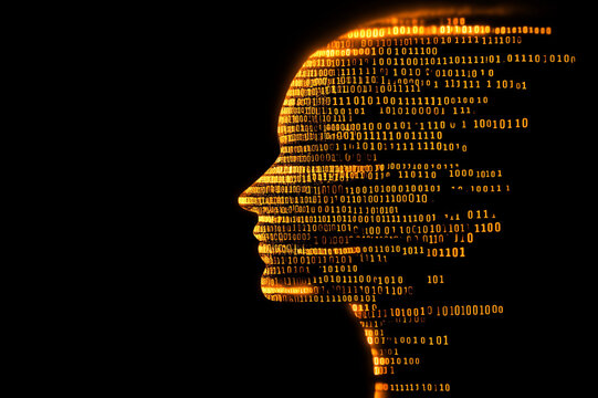 Digital human head silhouette composed of binary code, artificial intelligence concept, futuristic technology background, machine learning, cyber security, big data, AI innovation, neural network.