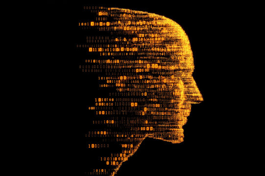 Digital human head silhouette composed of binary code, artificial intelligence concept, futuristic technology background, machine learning, cyber security, big data, AI innovation, neural network.