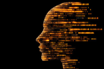Digital human head silhouette composed of binary code, artificial intelligence concept, futuristic technology background, machine learning, cyber security, big data, AI innovation, neural network.